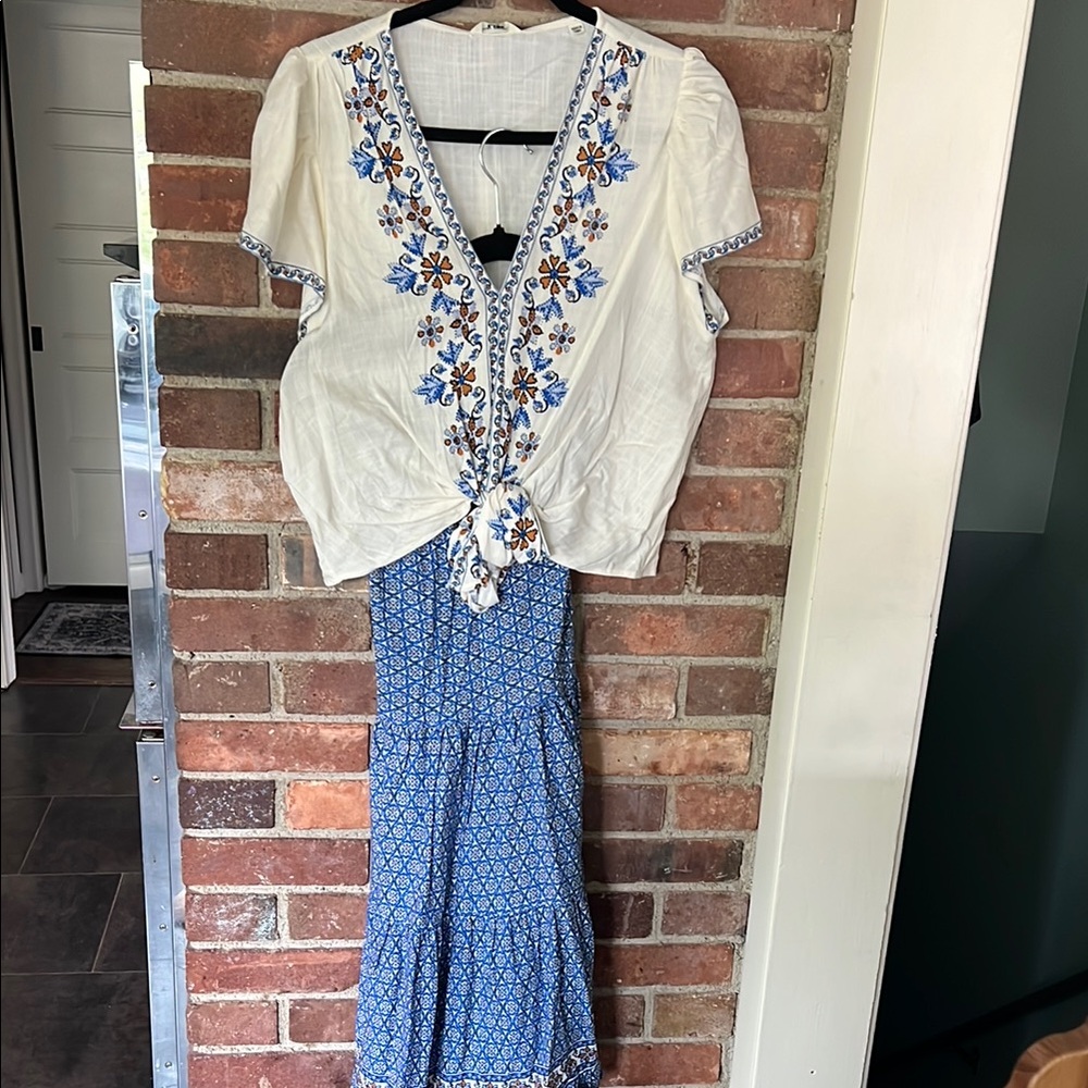 Floral Embroidered White and Blue Top & Skirt
